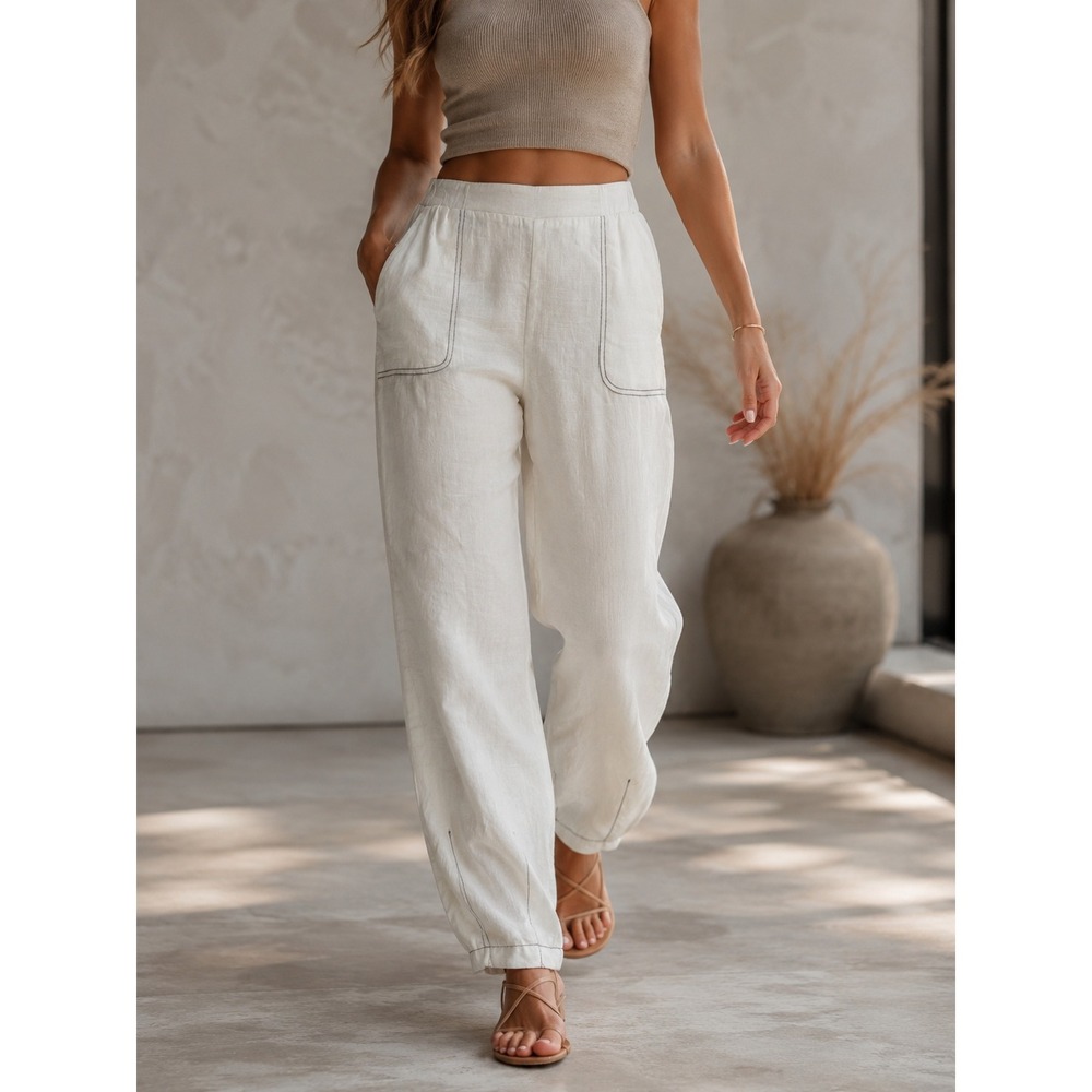 Compli K Women White Linen Blend Cropped Pants Elastic Waist Pockets Size L